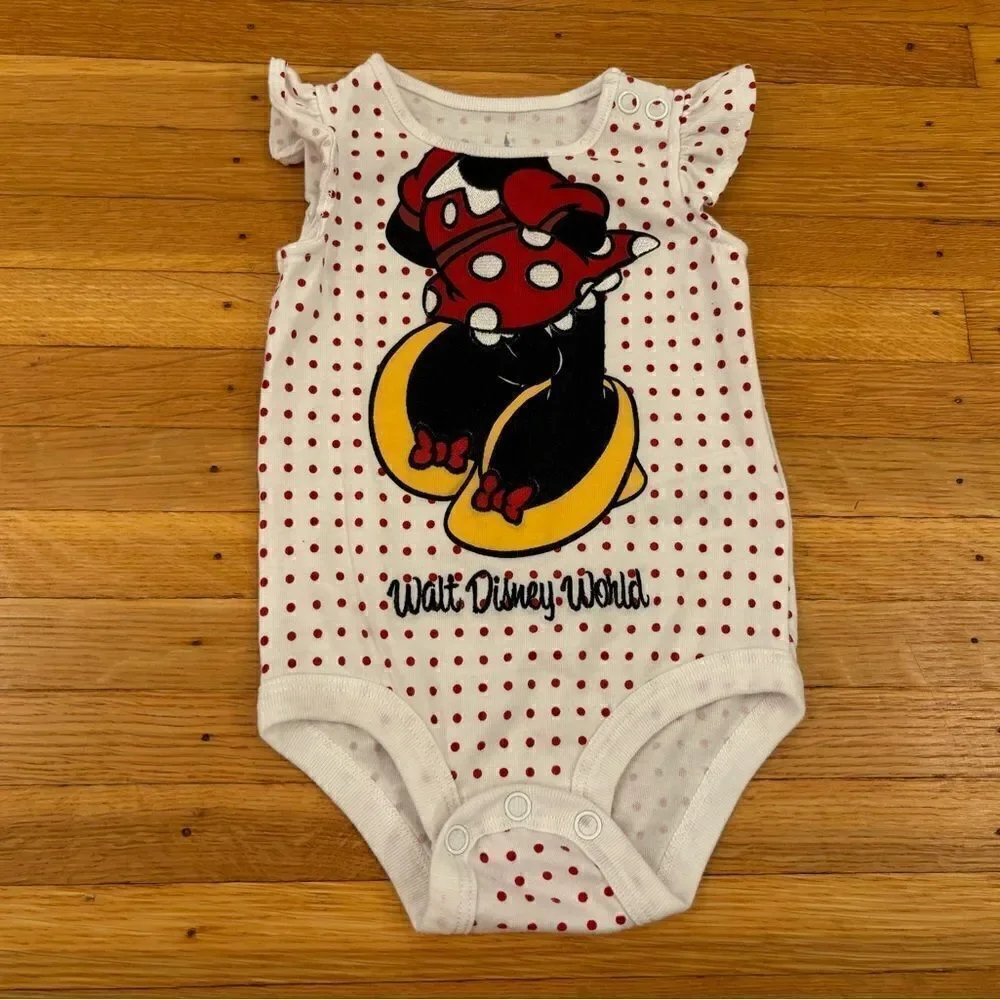 Disney Parks Minnie Mouse white/red polka dot embroidered body onesie